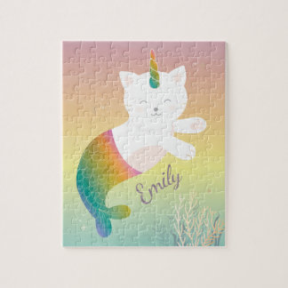 Magical Mermaid Kitty Rainbow Glitter Personalized Jigsaw Puzzle