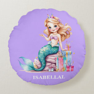 Magical mermaid rainbow Birthday girl party Round Pillow