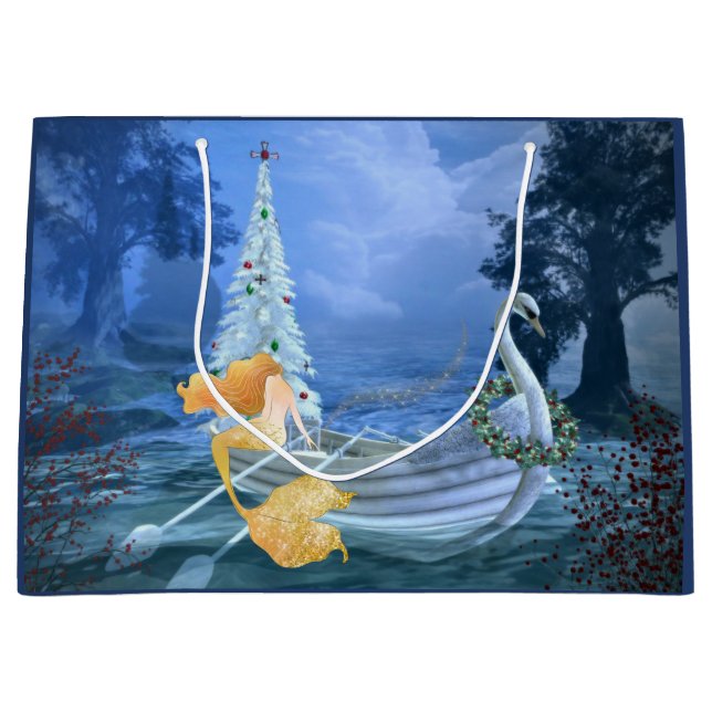 Magical Mermaid, Swan Boat and Christmas Tree Large Gift Bag (Front)