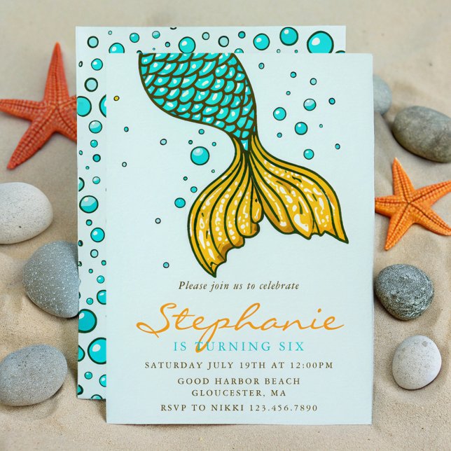 Magical Mermaid Tail Turquoise and Gold Birthday Invitation (Creator Uploaded)