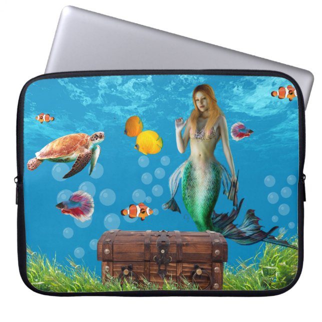 Magical Mermaid Treasure Hunt Blue Ocean Fantasy Laptop Sleeve (Front)