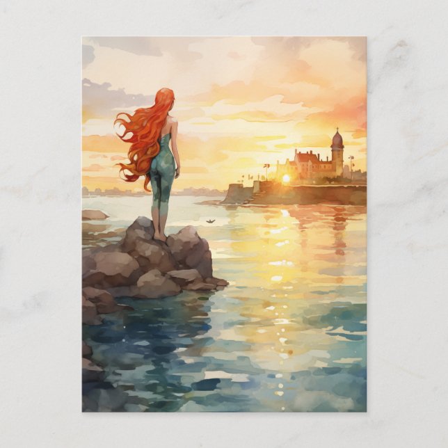 Magical Mermaid Watercolor with Lighthouse - Fanta Holiday Postcard (Front)
