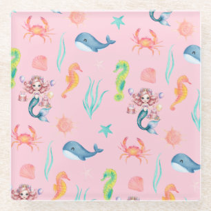 Magical mermaid whale rainbow Birthday girl party Glass Coaster