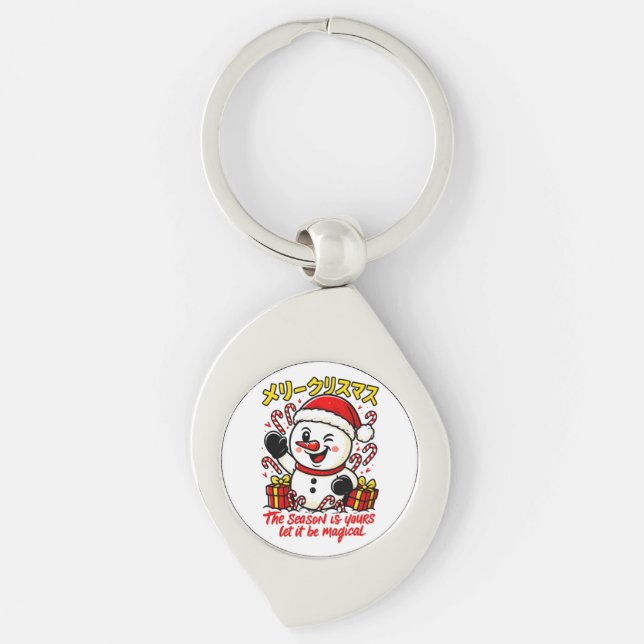 Magical Merry Christmas Snowman Festive Candy Cane Keychain (Front)