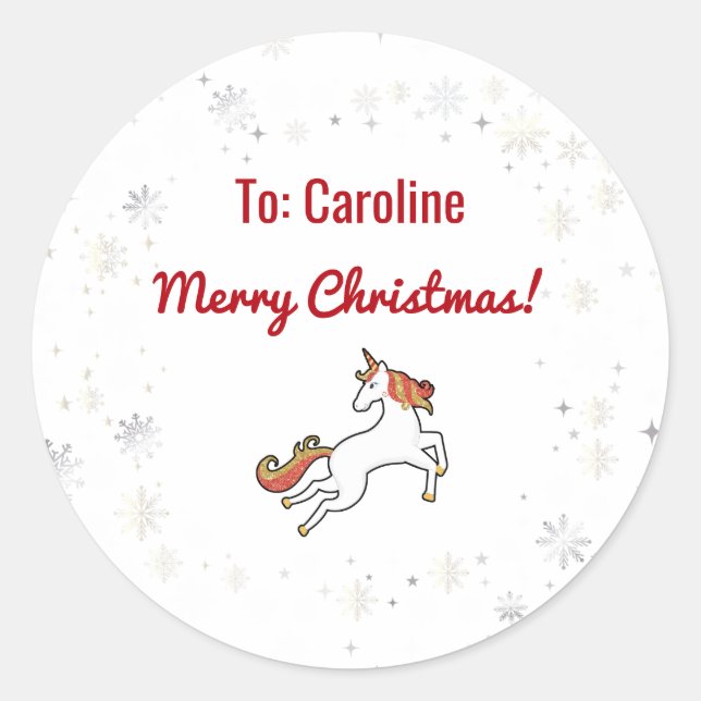 Magical Modern Unicorn Snowflakes Name Script Xmas Classic Round Sticker (Front)