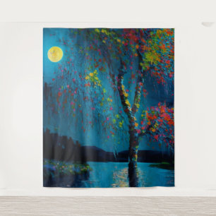 Magical Moon River Tree in oil painting style Tapestry