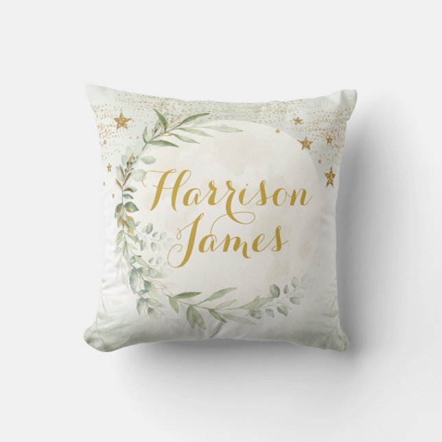 Magical Moon & Stars Greenery Gold Baby Nursery Throw Pillow (Front)