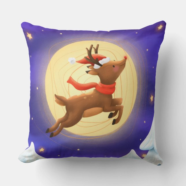 Magical Moonlit Reindeer Throw Pillow (Front)