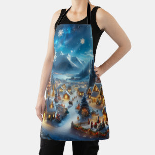 Magical Moonlit Snowy Christmas Village Apron