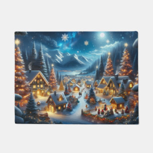Magical Moonlit Snowy Christmas Village Doormat