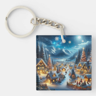 Magical Moonlit Snowy Christmas Village Keychain