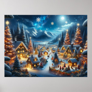 Magical Moonlit Snowy Christmas Village Poster