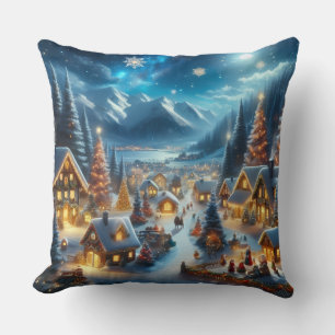 Magical Moonlit Snowy Christmas Village Throw Pillow
