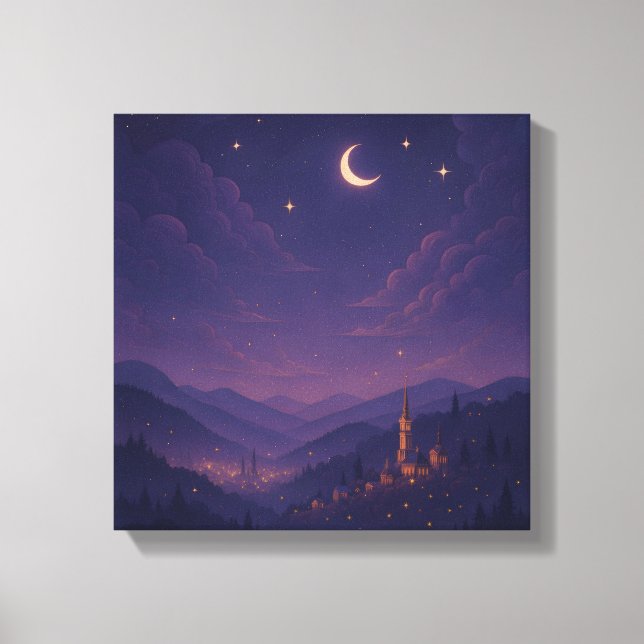 Magical Moonlit Village Nightscape Canvas Print (Front)