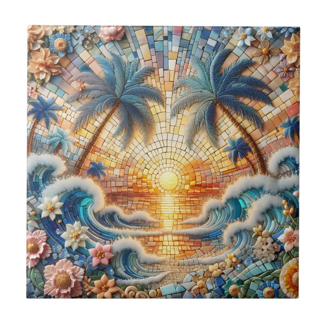 Magical Mosaic Tropical Ocean Sunset Tile (Front)