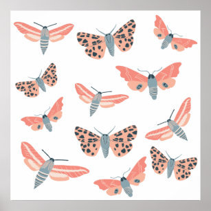 Magical Moths Colorful Pink Blue Art Poster