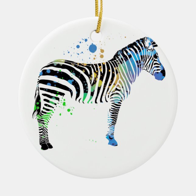 Magical Multi Coloured Zebra Spray Paint style Ceramic Ornament (Front)