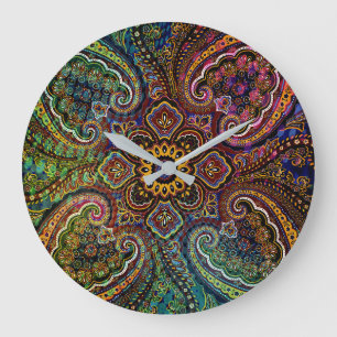 Magical Multicolored Paisley on Black Background Large Clock