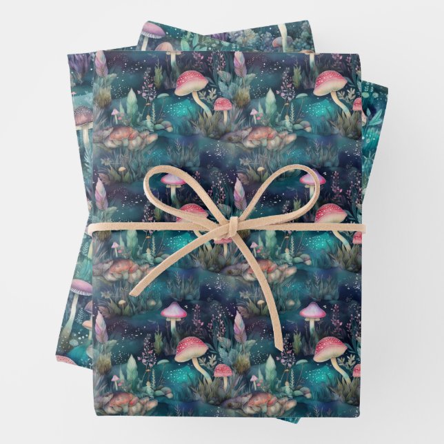 MAGICAL MUSHROOM FOREST GIFT WRAPPING PAPER SHEET (In situ)