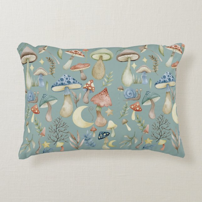 Magical Mushroom Mystical Sage Green Accent Pillow (Front)