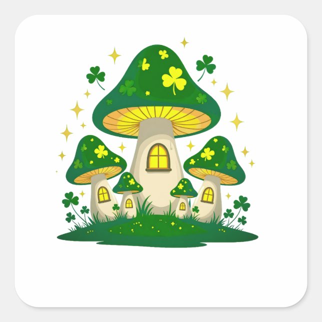 Magical Mushroom Village With Glowing Square Sticker (Front)