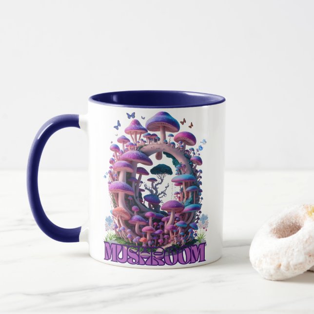 Magical Mushroom Wonderland Enchanting Fantasy Art Mug (With Donut)