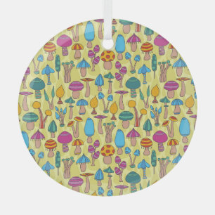 Magical Mushrooms Doodle Seamless Pattern Glass Ornament