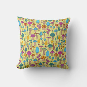 Magical Mushrooms Doodle Seamless Pattern Throw Pillow