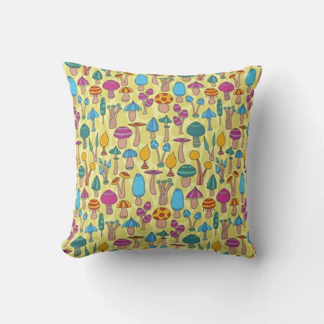 Magical Mushrooms Doodle Seamless Pattern Throw Pillow (Front)