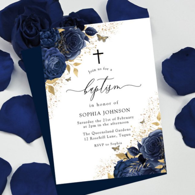 Magical Navy Indigo Blue Roses & Gold Baptism Invitation (Creator Uploaded)