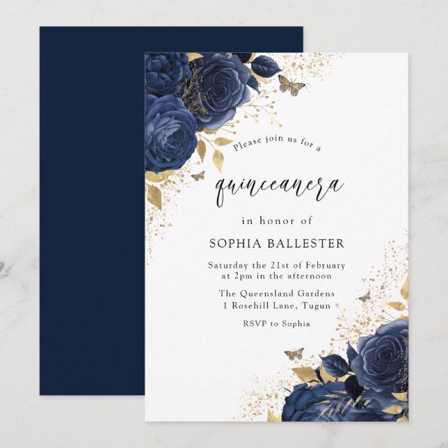 Magical Navy Indigo Blue Roses & Gold Quinceanera Invitation (Front/Back)