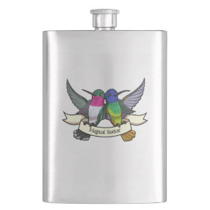 Magical Nectar Cute Hummingbirds Holding Ribbon Hip Flask