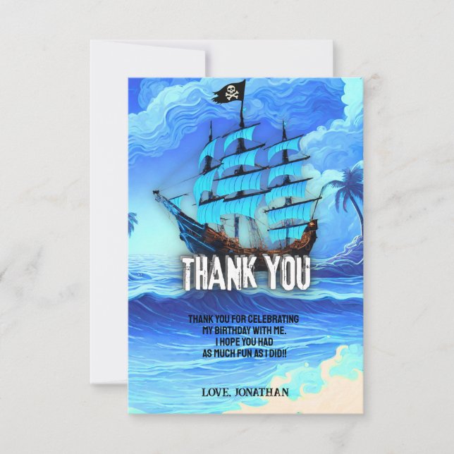 Magical Neon Blue Glow Pirate Ship Party Thank You Card (Front)