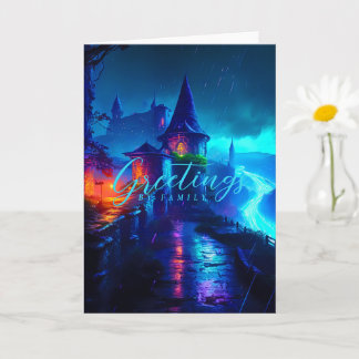 Magical Neon Fantasy Castle Cyberpunk Night Card