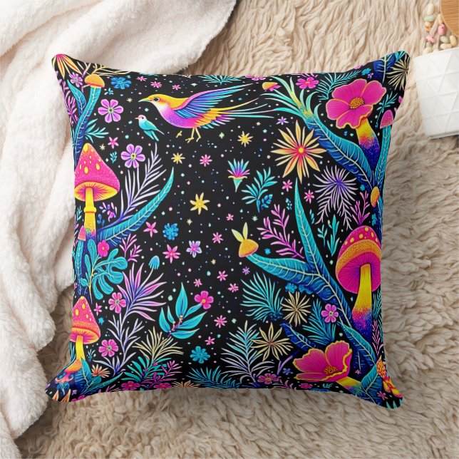 Magical Neon Forest Night Dream Design Throw Pillow (Blanket)