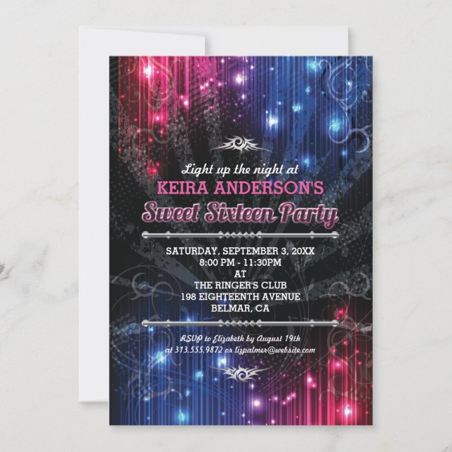 Magical Neon Glow Lights Sweet 16 Party Invitation (Front)