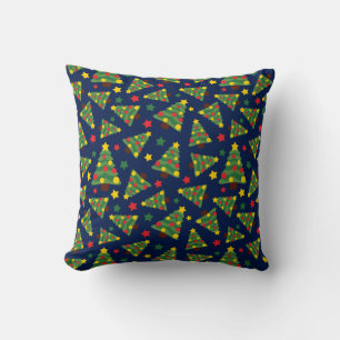 Magical Night Christmas Trees and Stars Dark Blue Throw Pillow