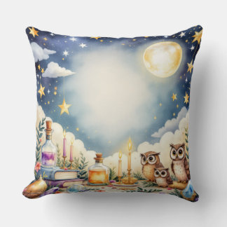 Magical Night Sky Owls Stars Watercolor Pillow