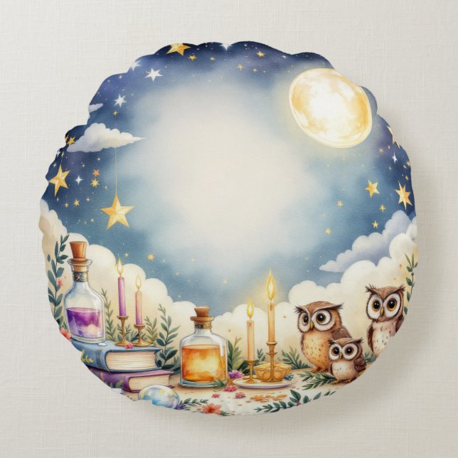 Magical Night Sky Owls Stars Watercolor Pillow (Front)
