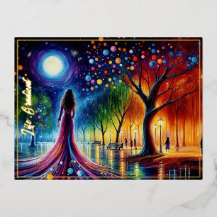 Magical night sky with glowing orbs lanterns art foil holiday postcard