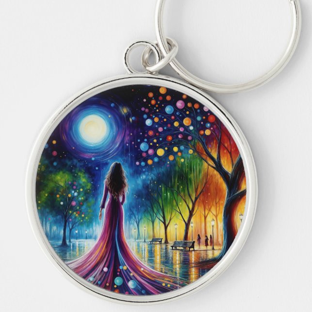 Magical night sky with glowing orbs lanterns art keychain (Front)