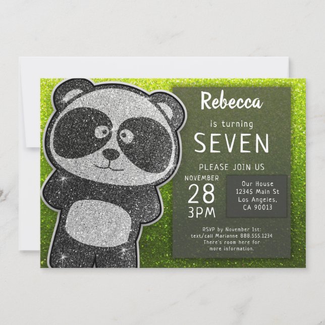 Magical Panda Birthday Black and White Glitter Invitation (Front)