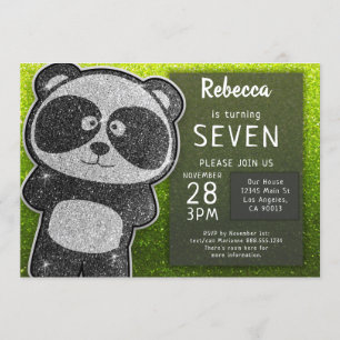 Magical Panda Birthday Black and White Glitter Invitation