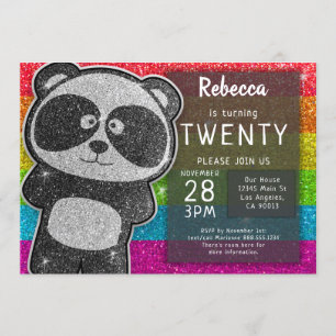 Magical Panda Birthday Black and White Glitter Invitation