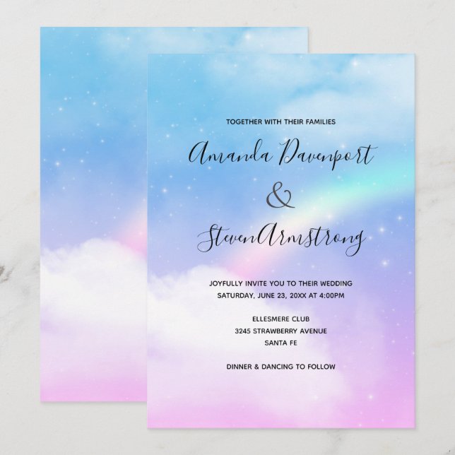 Magical Pastel Clouds and a Rainbow Wedding Invitation (Front/Back)