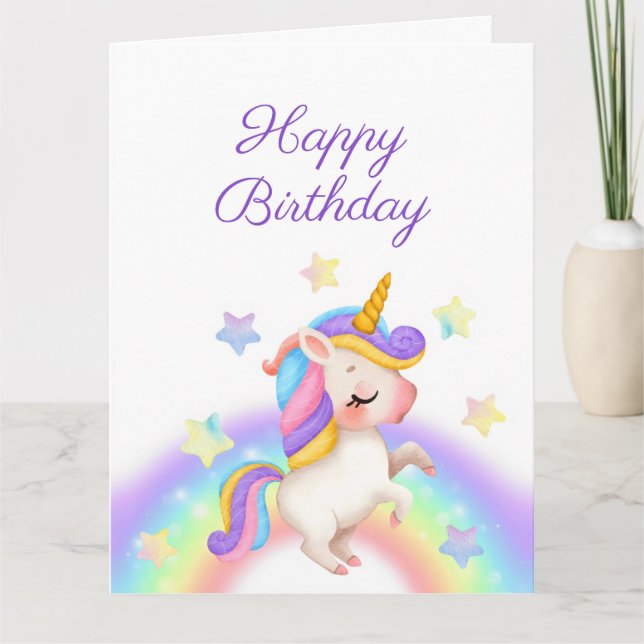 Magical Pastel Rainbow Stars Unicorn Birthday  Card (Front)
