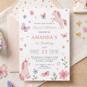 Magical Pastel Unicorn Butterfly 1st Birthday Invitation