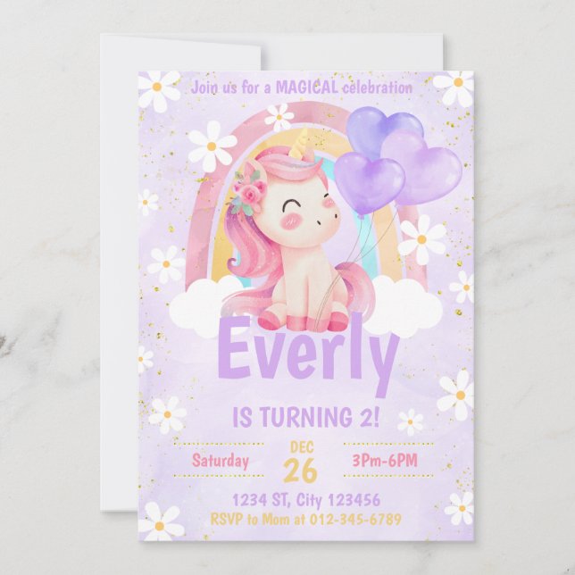 Magical Pastel Unicorn Rainbow Birthday Invite  (Front)