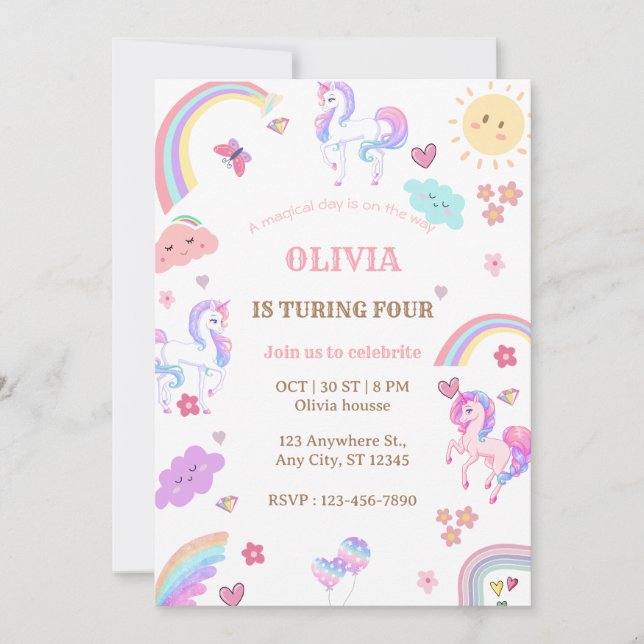 Magical Pastel Unicorn Rainbow Birthday Party Invitation (Front)
