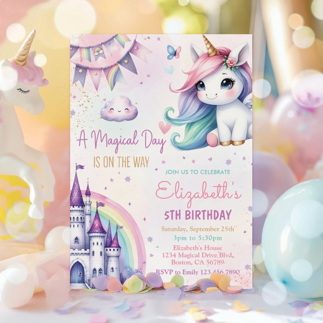 Magical Pastel Unicorn Rainbow Birthday Party Invitation (Creator Uploaded)